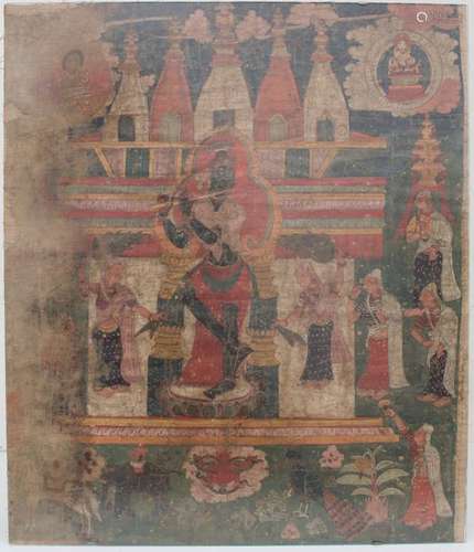 Thangka mit Figuren, Pagoden, Pflanzen und Tieren …