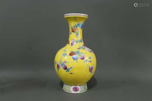 A Chinese Yellow Ground Famille-Rose Porcelain Vase