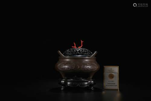 A Chinese Bronze Incense Burner with Carved Zitan Stand