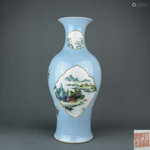 A Chinese Blue Glazed Famille-Rose Porcelain Vase