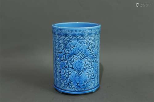 A Chinese Blue Glazed Porcelain Brush Pot