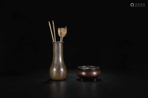 A Chinese Bronze Incense Burner and Tool Set