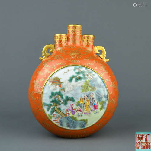 A Chinese Iron-Red Ground Famille-Rose Porcelain Vase