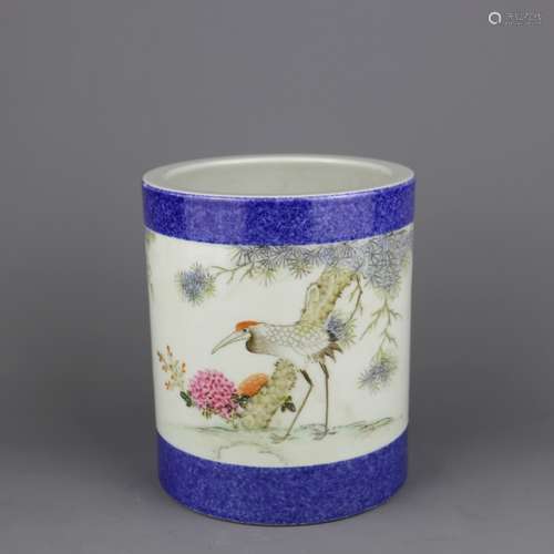 A Chinese Blue Ground Famille-Rose Porcelain Brush Pot