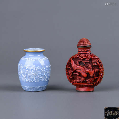 Two Chinese Porcelain and Lacquer Snuff Bottle