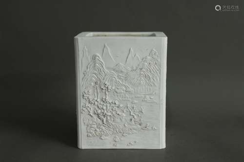 A Chinese White Glazed Carved Porcelain Brush Pot, Wang Bingrong Mark