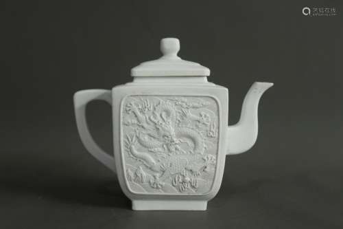 A Chinese White Glazed Carved Porcelain Tea Pot, Wang Bingrong Mark