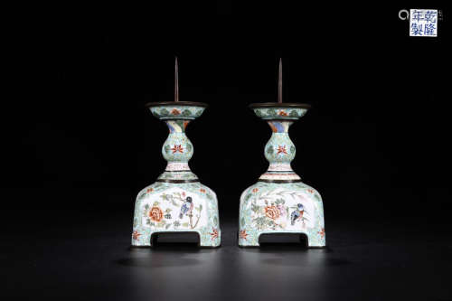 PAIR OF ENAMELED COPPER CANDLESTICKS