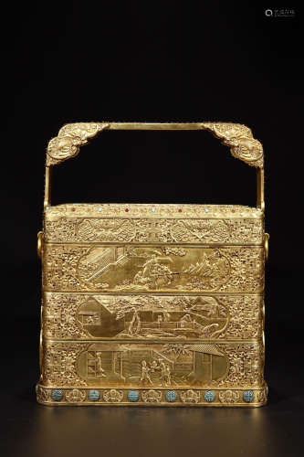 A GILT BRONZE BOX EMBEDED TURQUOISE STONE