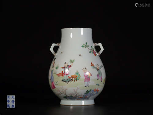 A FAMILLE ROSE EAR VASE WITH YONGZHENG MARKING