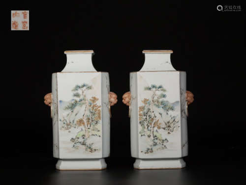 A PAIR OF FAMILLE ROSE EAR VASES WITH FLOWER PATTERNS AND MARKING