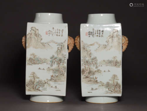 A PAIR OF FAMILLE ROSE SQUARE VASES OF LANDSCAPE PATTERN PAINTED