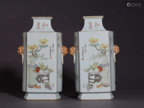 A PAIR OF FAMILLE SQUARE VASES WITH STORY-TELLING PAINTED