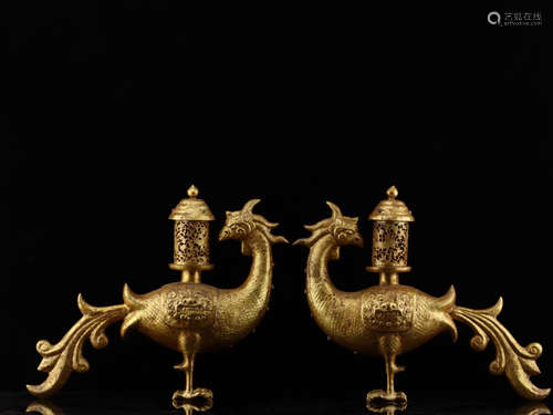 PAIR OF GILT BRONZE CRESSETS OF PHOENIX SHAPED