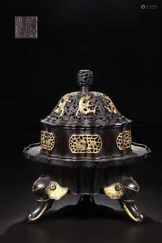 A GILT BRONZE CENSER WITH ELEPHANT SHAPED LEGS