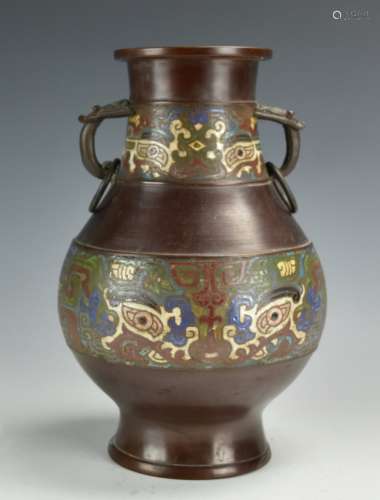 Bronze Vase w/ Taotie Faces and Sculptural Handles