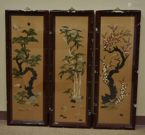 3 Framed, Jadeite Scenes w/ Animal Pairs in Nature