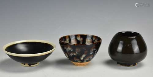 3 Small, Dark, Chinese Ceramic Pieces: Dish, Cup,