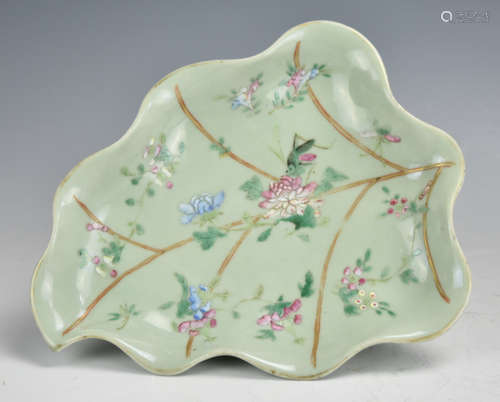 A Lobed, Leaf-Shaped, Celadon, Famille Rose Dish