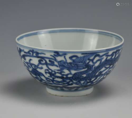 Chinese Blue and White Dragon Bowl w/ Wanli Mark