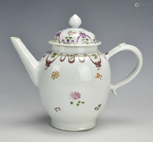 A White, Porcelain Teapot Painted w/ Purple Ribbon