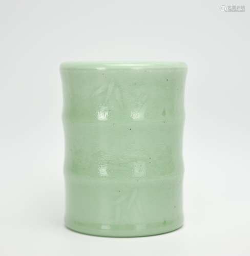 A Chinese Green Glazed Brushpot w/ Qianlong Mark