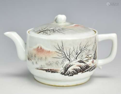 Teapot w/ Winter Scene & Peach-Shaped Finial