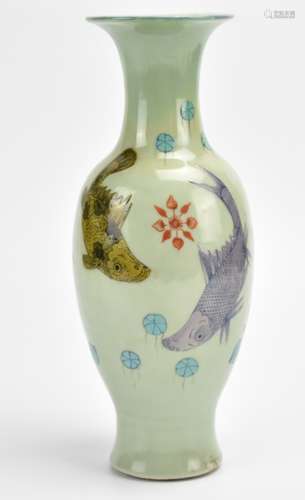 A Celadon Famille Rose Vase w/ Carp,18th C.