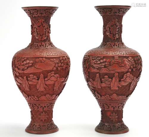 Pair of Carved Lacquerware Vases,19th C.