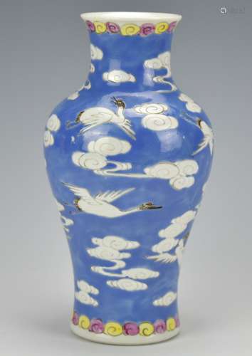 A Blue& Famille Rose Vase w/ Storks&Clouds,19th C.