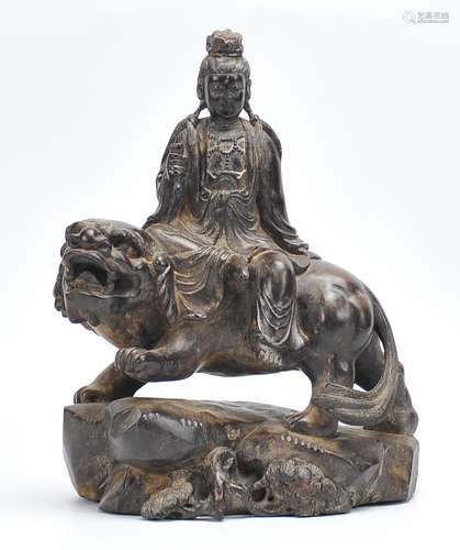 Chinese Guanyin Riding Lion Carving,Qing D.