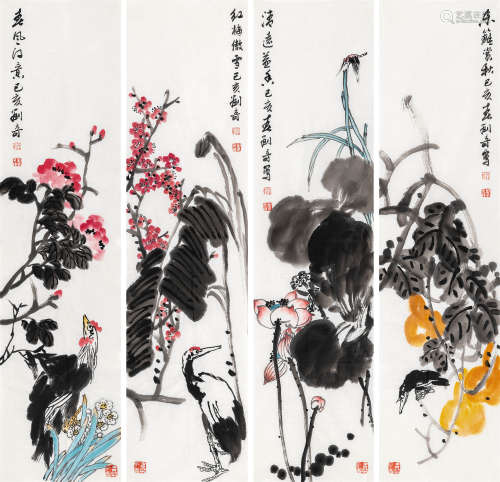刘奇（b.1965） 花鸟四条屏 镜心 设色纸本