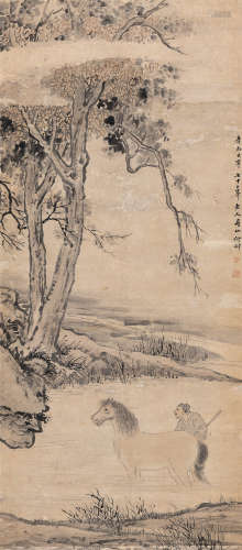 何翀（1807～1883） 浴马图 立轴 设色纸本