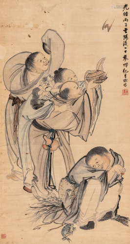 纪桢（1884～1924） 福禄寿人物 立轴 设色纸本