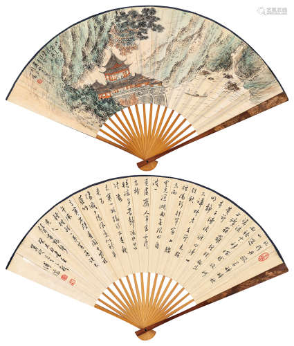 溥儒（1896～1963） 亭台楼阁 成扇 设色纸本