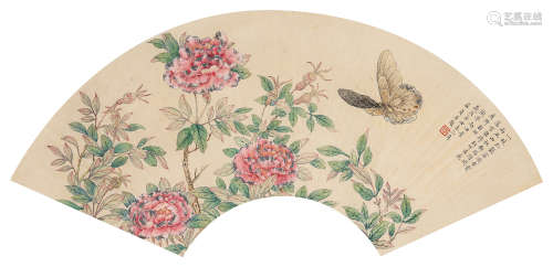 屈贞（1909～1976） 花蝶图 扇面 设色纸本