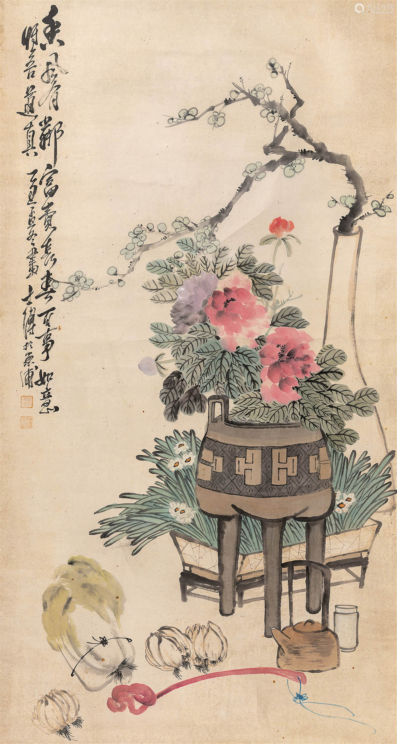 尺寸174×93cm拍品描述李士溥,晚清画家.画宗赵之谦,吴昌硕,专工花鸟.