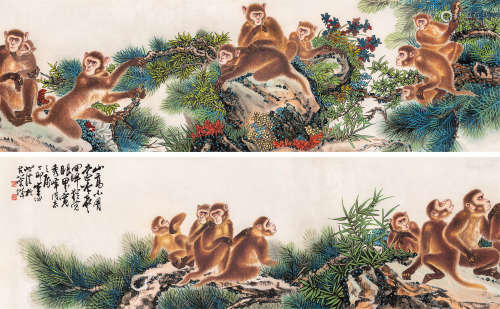 周北溪（1913～2003） 松猴图 手卷 设色纸本