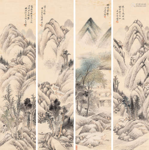 任预（1853～1901） 山水四屏 立轴 设色纸本