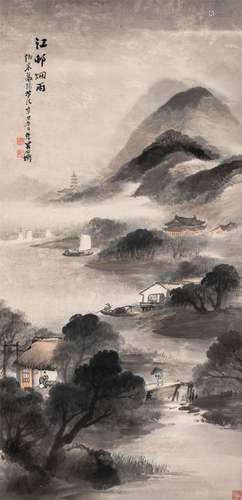 吴石僊（1845～1916） 江邨烟雨 立轴 设色纸本