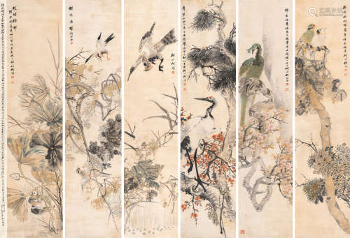 何煜（1852～1928） 花鸟六屏 立轴 设色纸本