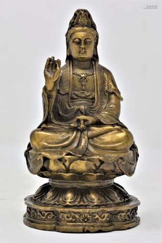 Chinese Brass Seated Guanyin Sitting on Lotus Base