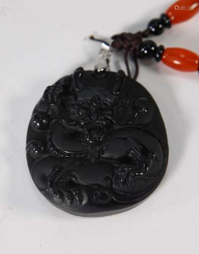 Chinese Natural Black Jade Carved Dragon Pendant