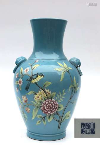 CHINESE QING DYNASTY SKY BLUE GLAZED FAMILLE ROSE