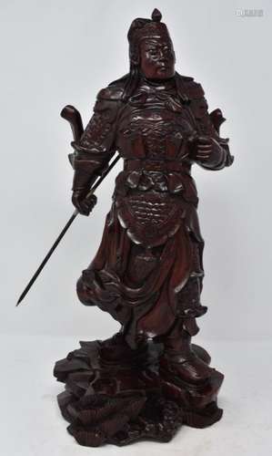 Chinese Qing Dynasty Rosewood Carving Warrior Statue