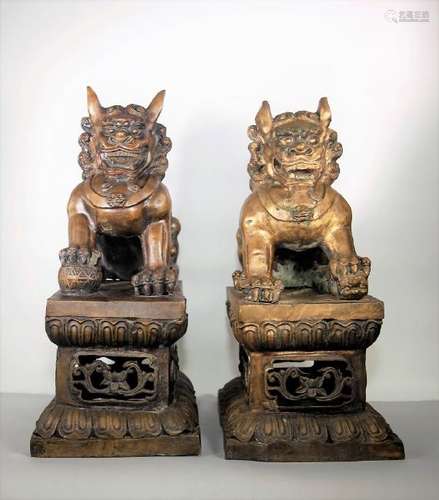 Pair Large Chinese Bronze Foo Dogs,Seated On