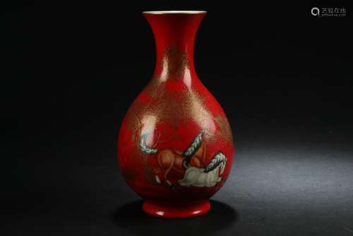 A Chinese Horse-portrait Red Porcelain Fortune Vase