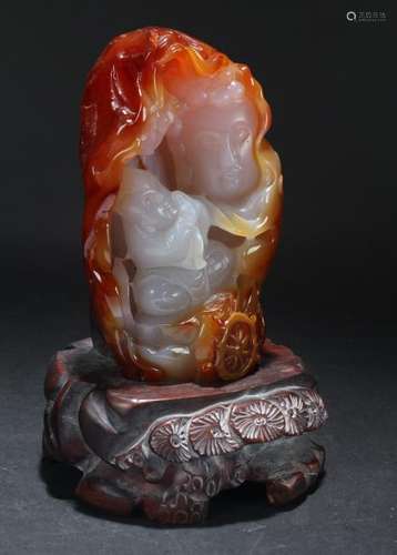 A Chinese Agate-curving Guanyin Statue Display