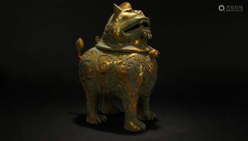 A Chinese Myth-beast Lidded Religious Bronze Vessel