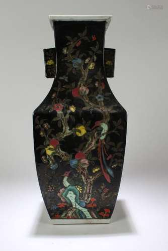 A Chinese Duo-handled Nature-sceen Black Porcelain Vase